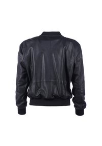 Sort læder bomberjakke med ribbet krave og manchetter, afslappet pasform og diskrete syningsdetaljer på bagsiden.