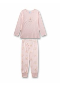 Pink long-sleeve pajama set featuring a fairy graphic on the top. Pants have a floral pattern with hearts, elastic waistband, and cuffs.