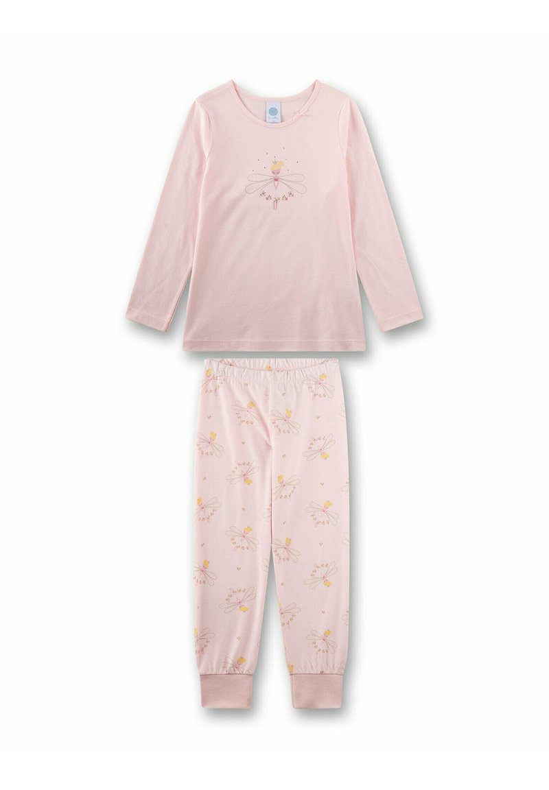 Pink long-sleeve pajama set featuring a fairy graphic on the top. Pants have a floral pattern with hearts, elastic waistband, and cuffs.