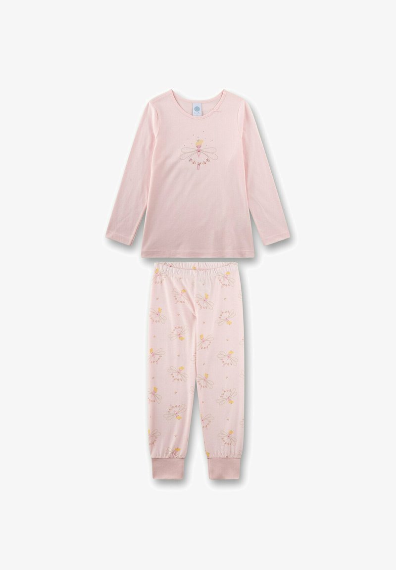 Pink long-sleeve pajama set featuring a fairy graphic on the top. Pants have a floral pattern with hearts, elastic waistband, and cuffs.