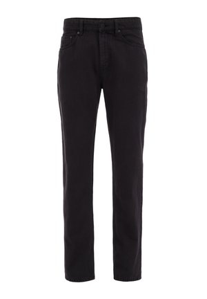 Črne kavbojke z ravnim krojem, ki imajo gumbasto zapiranje, zanko za pas ter podrobnosti sprednjih žepov. Mehak teksturiran material in preprosta zasnova.