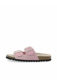 Sandal in suede rosa con due fibbie regolabili in argento, un plantare in sughero e una suola esterna in gomma nera testurizzata.