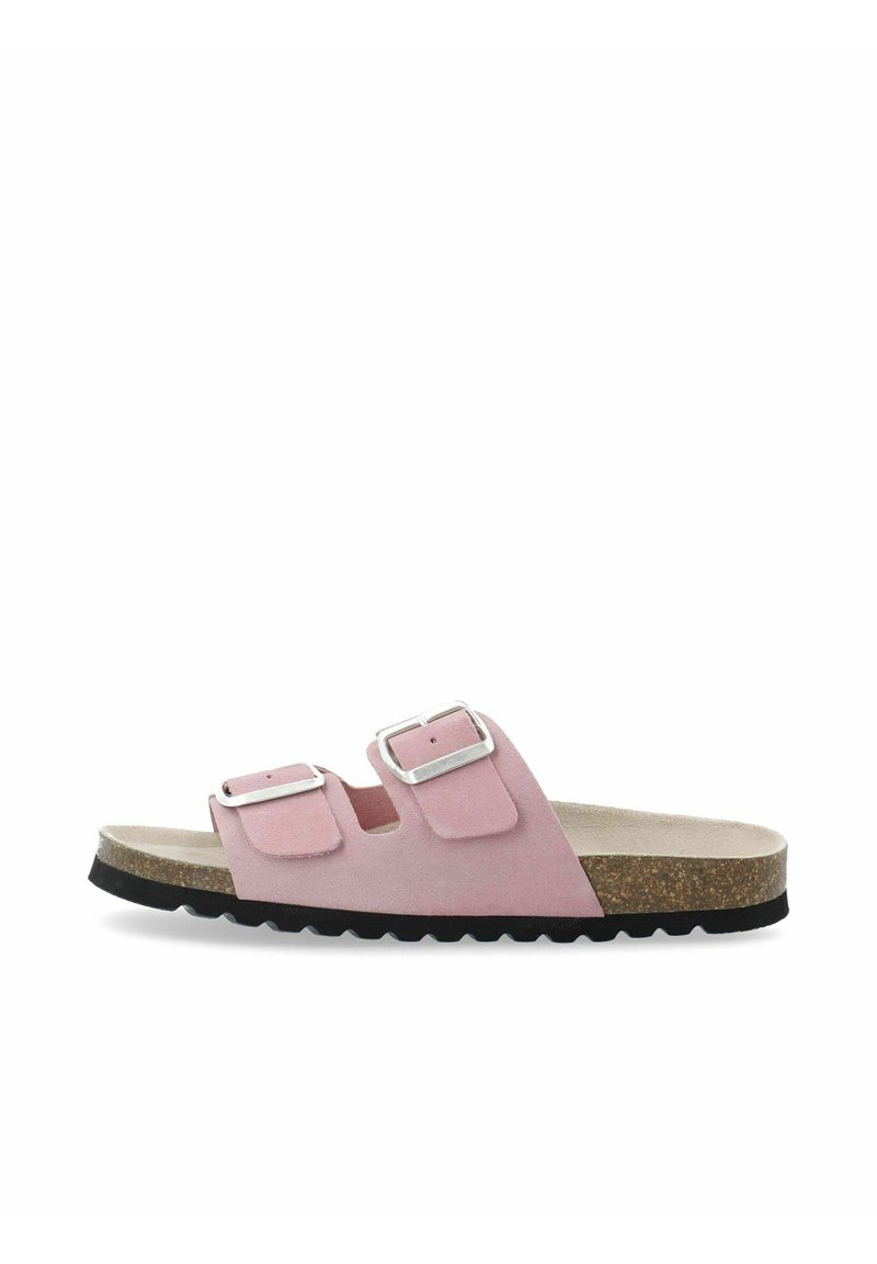 Sandal in suede rosa con due fibbie regolabili in argento, un plantare in sughero e una suola esterna in gomma nera testurizzata.