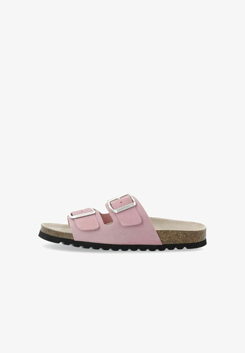 Sandal in suede rosa con due fibbie regolabili in argento, un plantare in sughero e una suola esterna in gomma nera testurizzata.
