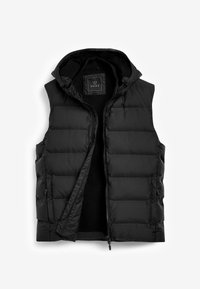 Schwarze gesteppte Weste mit Reißverschluss vorne, Kapuze und Steppdesign. Verfügt über zwei seitliche Taschen und ein weiches Innenfutter.