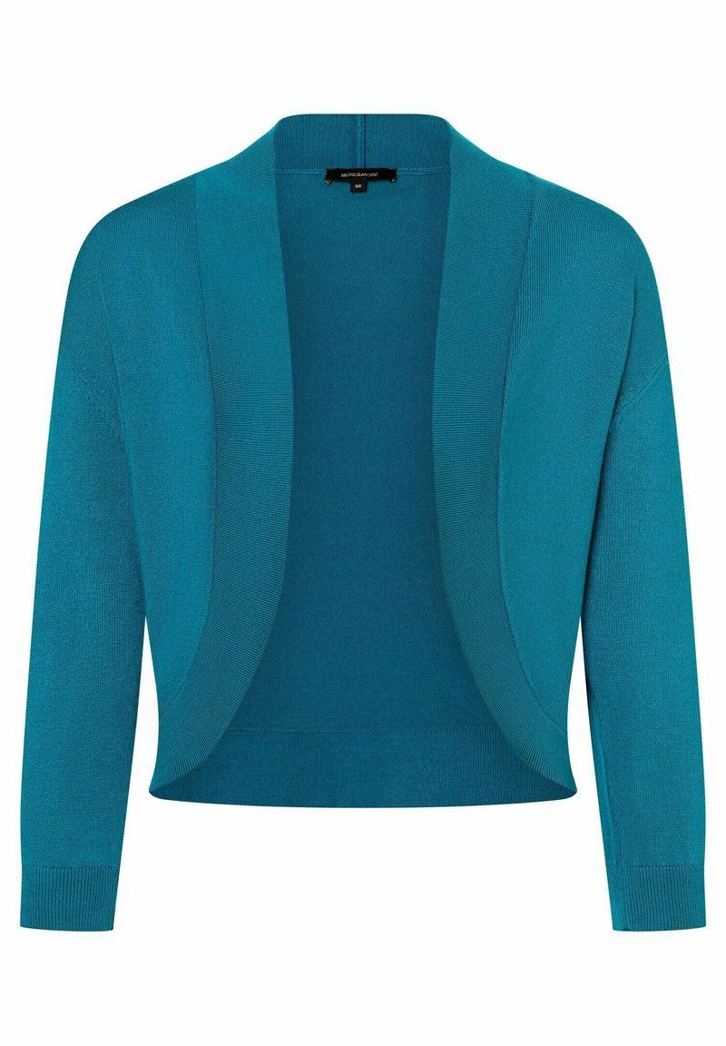 Blågrøn cardigan med åben front lavet af glat strikstof, med lange ærmer og en afslappet pasform. Ingen lukkemekanismer eller pynt.