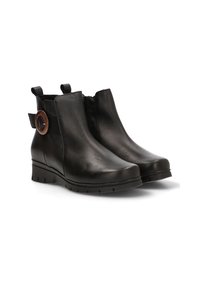 Botas de tobillo de cuero negro con un acabado suave, acento redondo marrón, tacón bajo en bloque y cremallera lateral para el cierre.