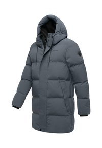 Padded siva puffer jakna s kapuco, z zadrgo spredaj, elastičnimi manšetami in stranskimi žepi. Narejena iz vodoodpornega materiala.