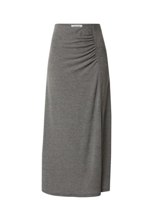 Grauer, knielanger Rock aus weichem, dehnbarem Stoff mit seitlichen Raffungselementen und geradem Saum. Sauberes, einfaches Design ohne Muster.