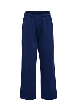 Marineblå vidbenede sweatpants med elastisk talje og snøre, med lille broderet logo på højre lår.