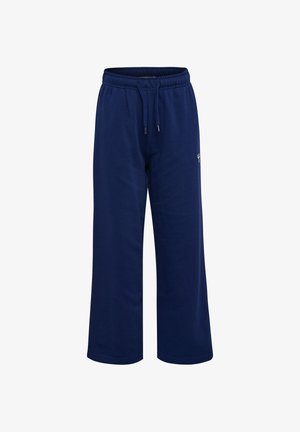 Navyblaue Sweathosen mit weitem Bein, elastischem Bund und Kordelzug, mit kleinem gesticktem Logo am rechten Oberschenkel.