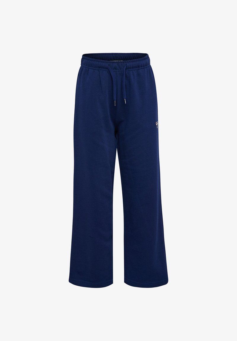 Navyblaue Sweathosen mit weitem Bein, elastischem Bund und Kordelzug, mit kleinem gesticktem Logo am rechten Oberschenkel.
