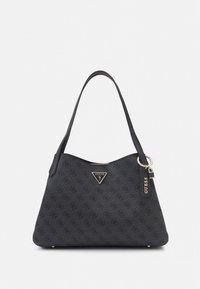 Black tote bag with a textured surface, featuring a triangular logo, gold-tone hardware, and a detachable charm. Smooth handles and structured shape.