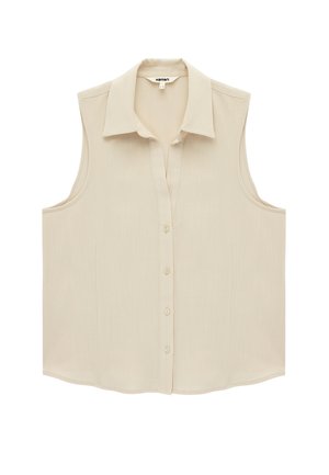 Blouse beige sans manches à boutons, col pointu, en tissu léger, taille 37, vue de face sur fond blanc.
