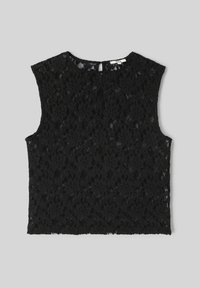 Haut sans manches en dentelle noire avec motif floral, encolure ronde et fermeture à bouton avec ouverture en forme de goutte au dos, posé à plat sur un fond gris.