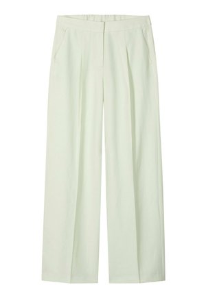 High-waist wide-leg cream trousers with side pockets and front pleats, designed for a relaxed, tailored fit.