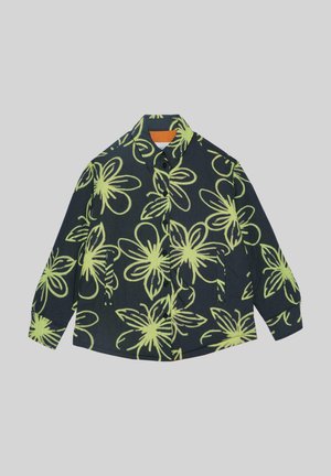 Camicia nera con bottoni, caratterizzata da un grande motivo floreale giallo, maniche lunghe, un colletto e taschino frontale. Realizzata in tessuto leggero.