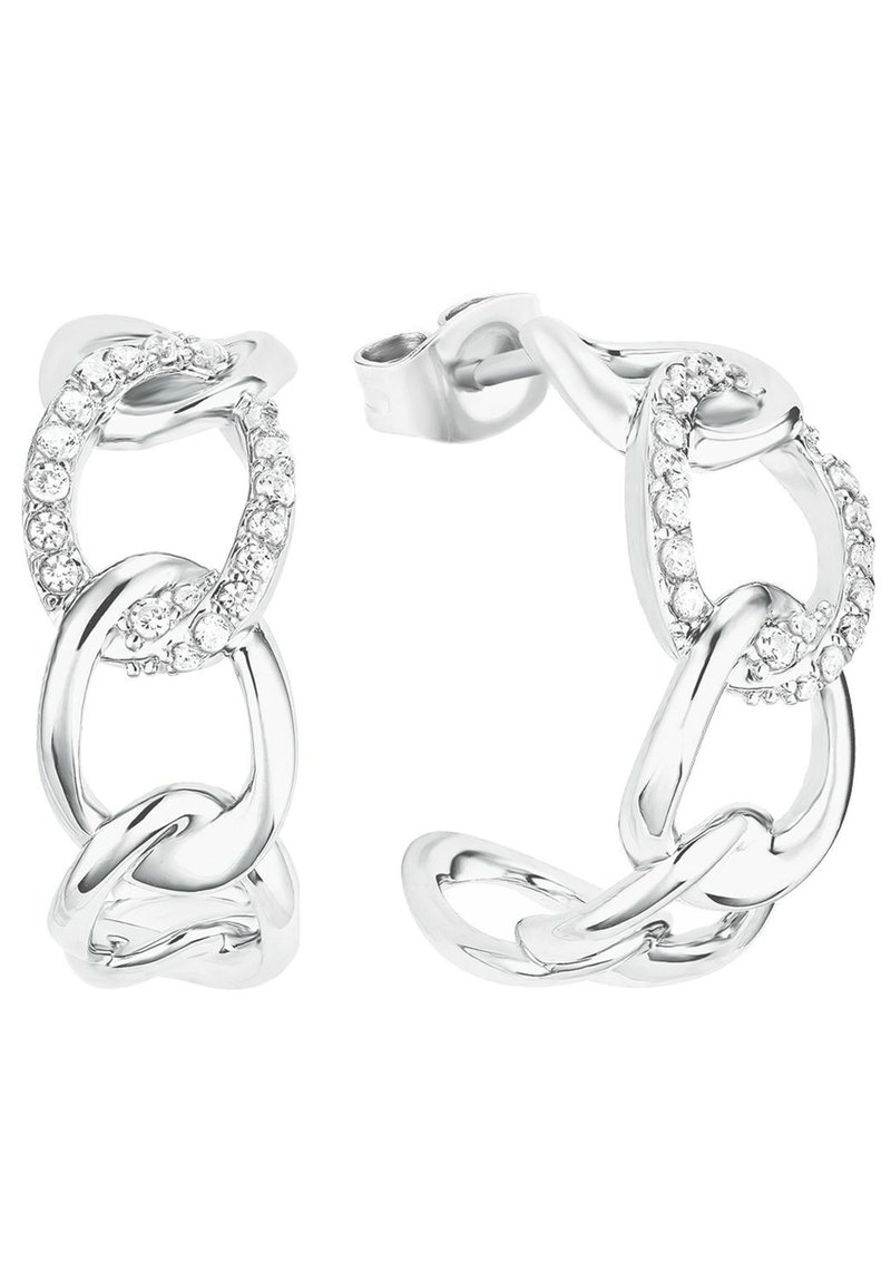 Silberne Creolen mit ineinander greifenden Kettenlinks, verziert mit klaren Kristallen entlang eines Links. Glatte, glänzende Metalloberfläche.