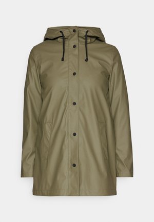 Olive green waterproof jacket with a hood, black drawstrings, snap buttons, and two side pockets; smooth, shiny texture.