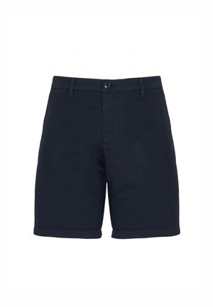 Pantaloni corti blu navy realizzati in tessuto misto cotone; presentano una chiusura con bottone, due tasche frontali e risvolti per un look curato.