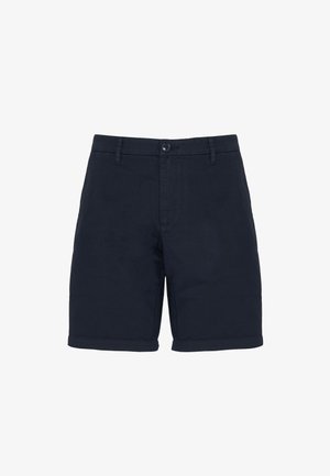 Pantaloni corti blu navy realizzati in tessuto misto cotone; presentano una chiusura con bottone, due tasche frontali e risvolti per un look curato.