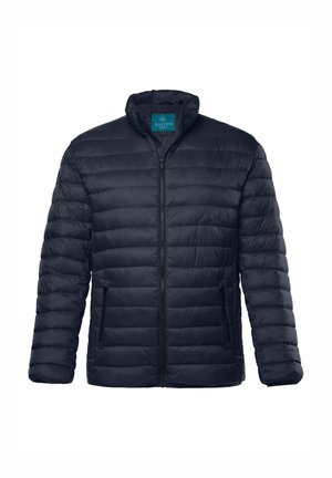 Mørkeblå pufferjakke med opretstående krave, lynlås lukning, sidelommer og quiltet struktur. Har en teal indre mærkat.