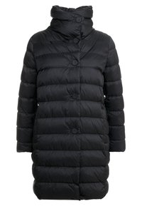 Sort lang polstret vinterjakke med store knapper og høj krave, designet til varme og dækning.