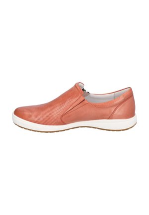 Leather slip-on shoe in coral with perforated texture, white sole, and contrasting tan accents. Features a smooth back and elastic side.