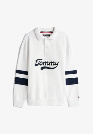 Biała polo z długim rękawem z granatowymi paskami na rękawach oraz haftowanym logo "Tommy" z przodu. Klasyczny design kołnierzyka.