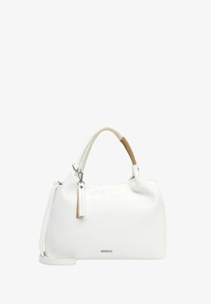 Witte textuurhandtas met dubbele handvatten, één gewikkeld in wit en bruin materiaal, en een afneembare schouderriem.