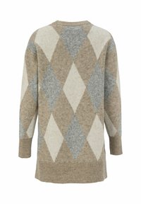 Tröja med diamantmönster i beige, grå och kräm. Tillverkad av mjukt tyg, med ribbat nederkant och långa ärmar. Klassisk rundad halsdesign.