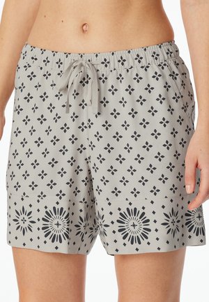 Shorts de bain gris avec un motif floral en bleu marine, dotés d'une taille élastique et d'un cordon de serrage, le tout en tissu lisse et léger.