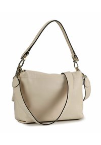 Borsa a spalla in pelle beige con finitura testurizzata, rifiniture nere, tracolla lunga e ferramenta dorata per una chiusura sicura.