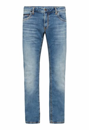 Jeans in denim azzurro chiaro con taglio dritto, caratterizzati da cuciture arancioni, cinque tasche e chiusura a bottone in vita.