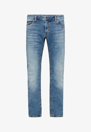 Lichtblauwe denim jeans met een rechte snit, voorzien van oranje stiksels, vijf zakken en een knoopsluiting bij de taille.