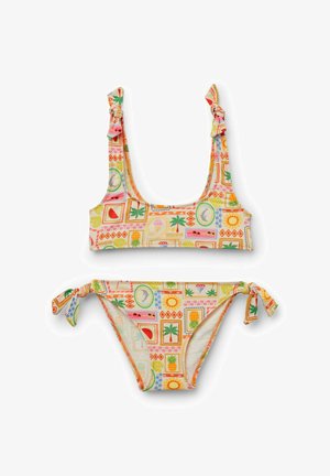 To-delt bikini med farverige sommermotiver, herunder palmer, sole, is og ananas; knyttede stropper på toppen og siderne.