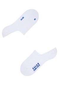 Chaussettes blanches à la cheville avec texture côtelée, étiquettes gauche (L) et droite (R), et lettrage bleu "FALKE COOL KICK".