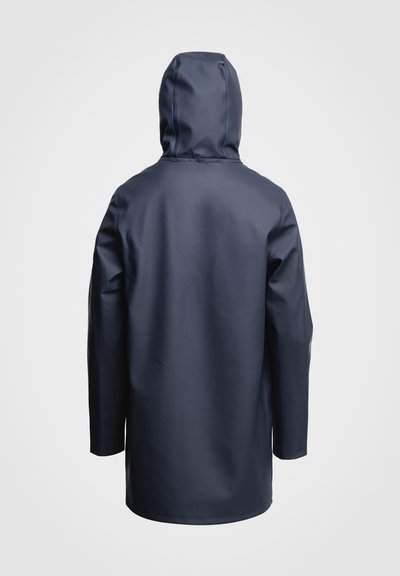 Navy waterproof raincoat with a hood, crafted from smooth, durable material. Features long sleeves and a straight hem. Back view shown.