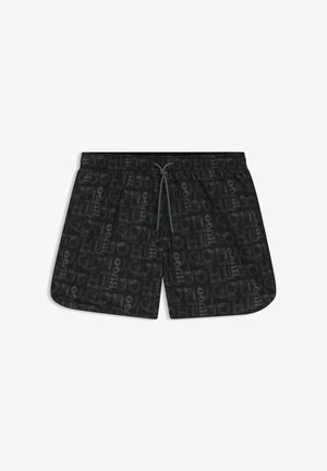 Zwarte zwembroek van lichtgewicht stof met een herhalend logopatroon in variërende grijstinten. Elastische tailleband met trekkoord.