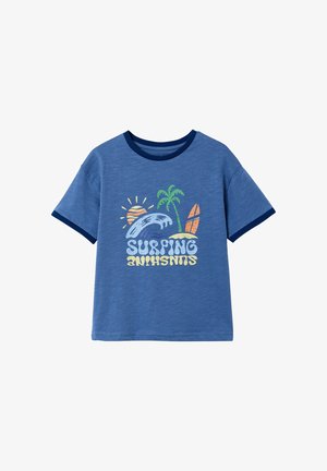 Blue short-sleeve T-shirt with navy trim and a colorful surfing-themed graphic featuring a wave, palm tree, surfboard, sun, and the word "SURFING."