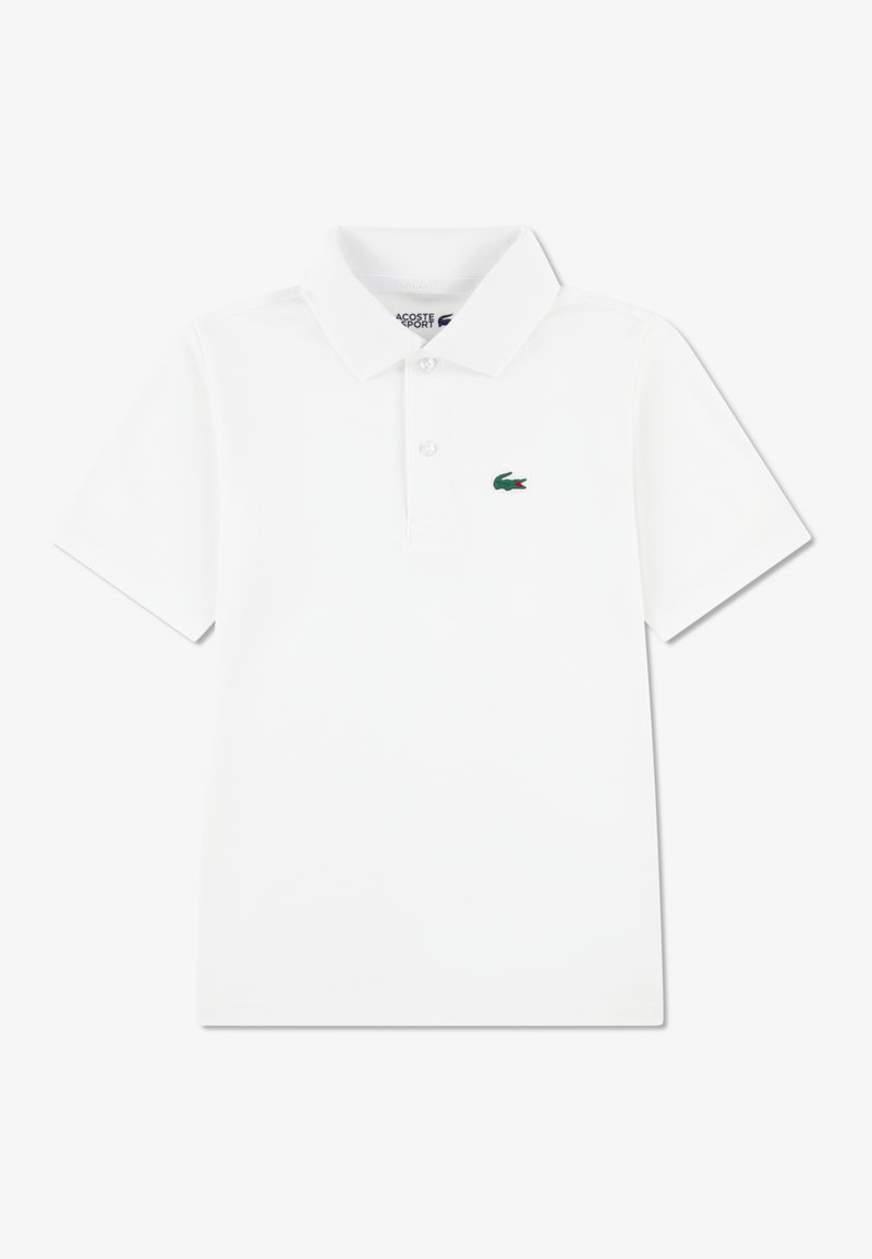 White polo shirt made of cotton, features a classic collar and three-button placket. Includes a small green crocodile logo on the chest.
