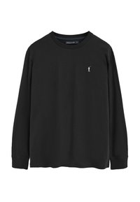 Zwarte shirt met lange mouwen van katoen, met een ronde halslijn en een klein wit logo op de linkerkant van de borst. Gladde textuur, casual ontwerp.