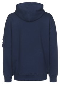 Sudadera con capucha de color azul marino, con mangas largas, un ajuste relajado y una tela texturizada. Detallada con un bolsillo utilitario en la manga.