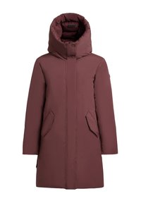 Bordová páperová bunda s vysokým golierom, dvoma bočnými vreckami, hladkou textúrou a minimalistickým dizajnom s zapínaním na gombíky.