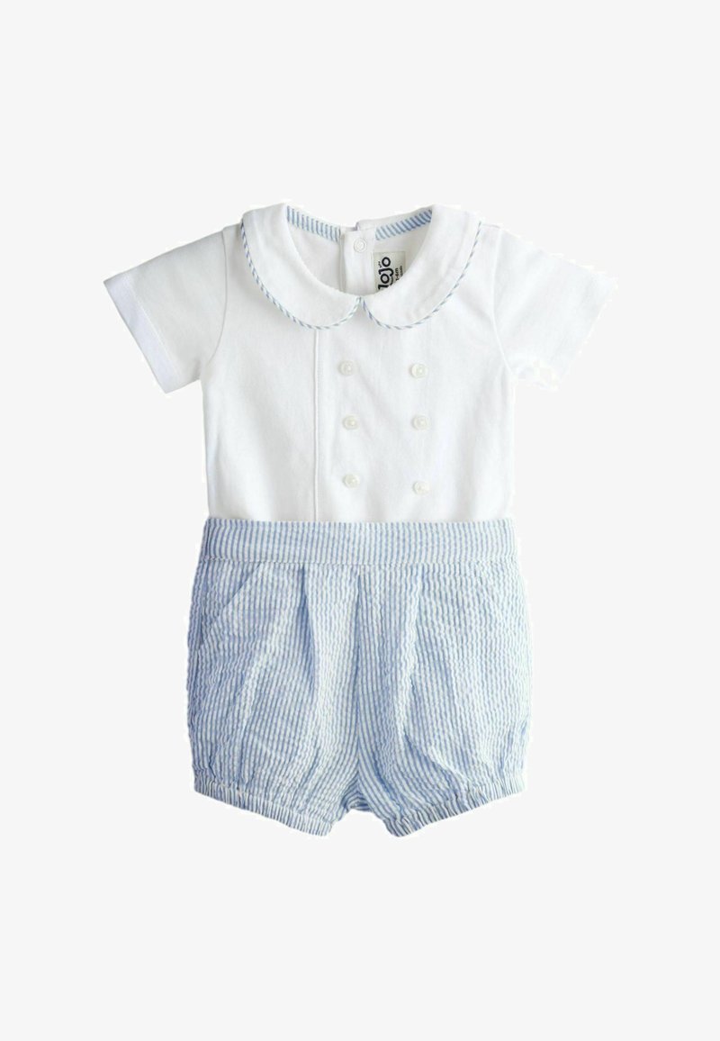 Tutina bianca a maniche corte per neonati con colletto alla Peter Pan, doppia fila di bottoni e pantaloncini a righe blu e bianchi in tessuto goffrato attaccati.