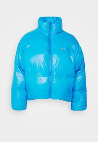 Blue puffer jacket with a high collar, front zip closure, and logo detail. Made from shiny, quilted material with a cropped silhouette.