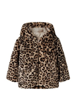 Child-sized hooded coat with beige and black leopard print faux fur and light beige inner lining.