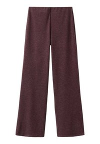 Pantalon large coloris bordeaux, fabriqué dans un tissu doux et extensible ; doté d'une taille haute et sans coutures apparentes.