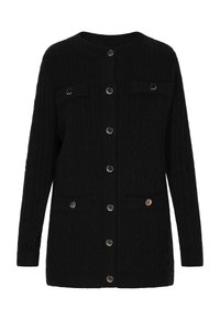 Schwarze Kabelstrick-Cardigan mit rundem Ausschnitt, silbernen Druckknöpfen, zwei Fronttaschen und einem strukturierten Stoffdesign.