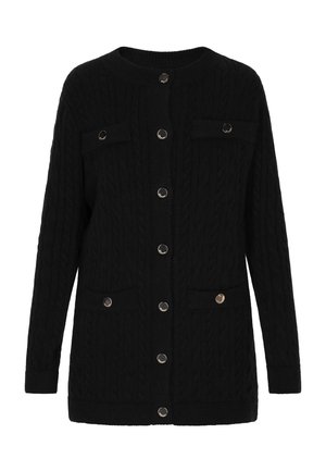 Cardigan nero a maglia con collo rotondo, bottoni a pressione argentati, due tasche frontali e un design di tessuto testurizzato.